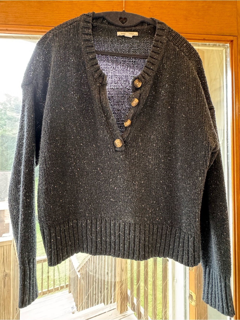 American Eagle Outfitters Black V-Neck Button Pullover Sweater